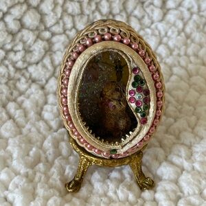 Vintage Pink and Gold Beaded Diorama Bunny Egg with Stand